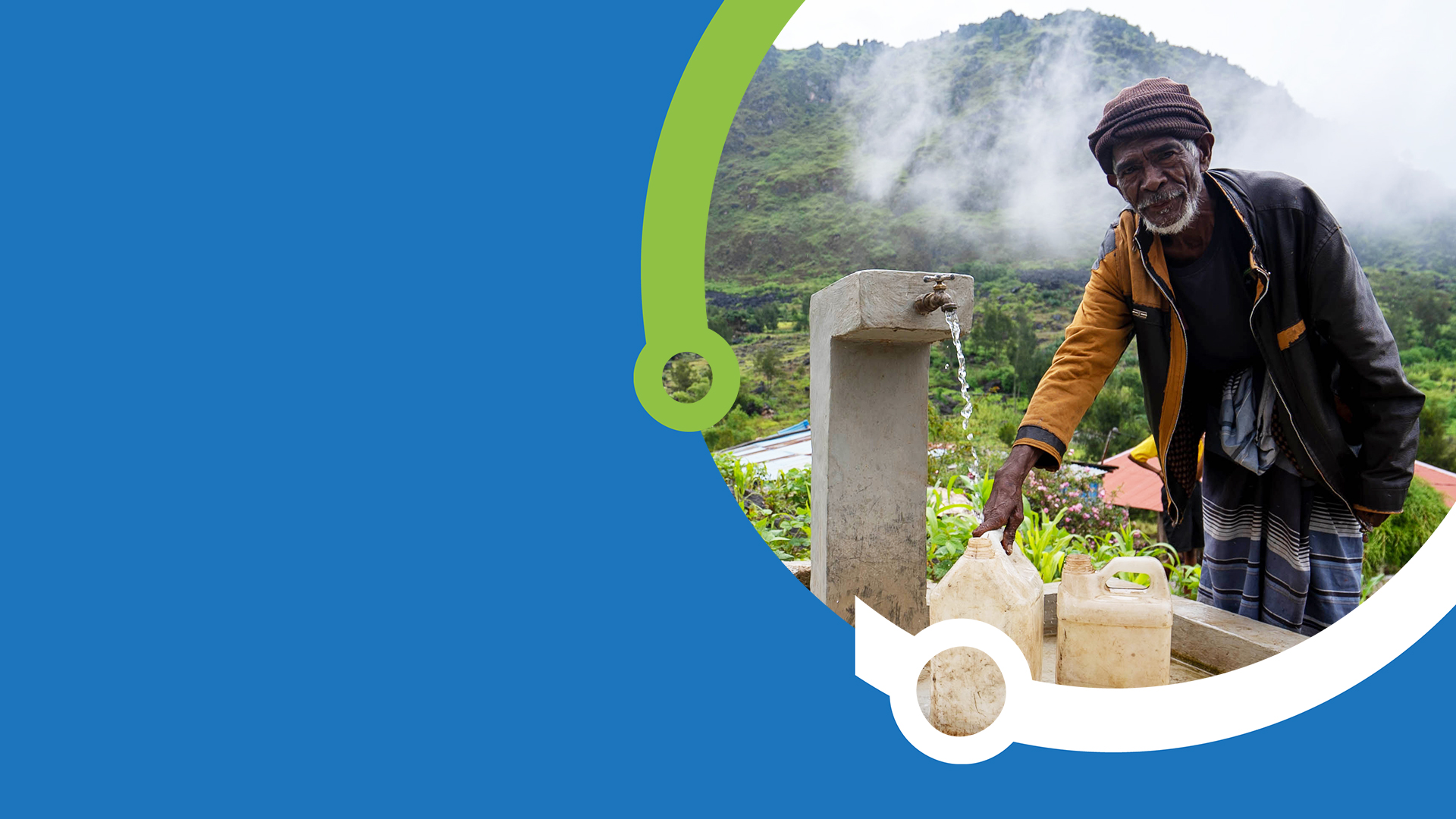 A blue and green graphic frame in PARTISIPA branding style with a circle on the right. Within the circle is an elderly Timorese man wearing warm clothing, he is facing the camera and bending over as he fills up a plastic jug containers with water from a tap stand. 